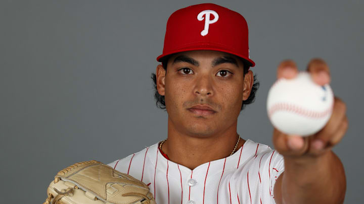 Feb 20, 2025; Clearwater, FL, USA; Philadelphia Phillies pitcher Jesus Luzardo (44) participates in media day at BayCare Ballpark.