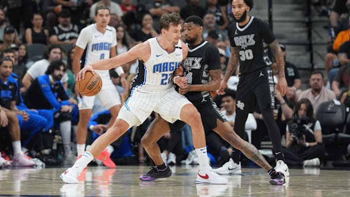 Orlando Magic forward Franz Wagner (22) dribbles against San Antonio Spurs guard Blake Wesley (14) in the first half at Frost Bank Center.