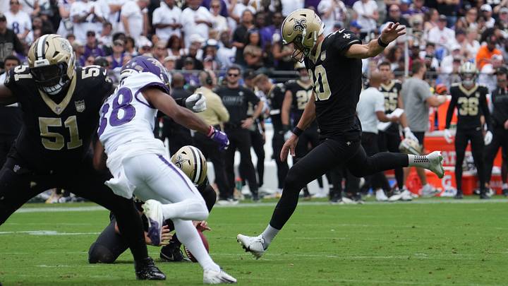 Sep 20, 2026; Baltimore, Maryland, USA; New Orleans Saints kicker Daniel Carlson (10) kicks off during the second quarter against the Baltimore Ravens at M&T Bank Stadium. Mandatory Credit: James Lang-Imagn Images Sep 20, 2026; Baltimore, Maryland, USA; New Orleans Saints kicker Daniel Carlson (10) kicks off during the second quarter against the Baltimore Ravens at M&T Bank Stadium. Mandatory Credit: James Lang-Imagn Images