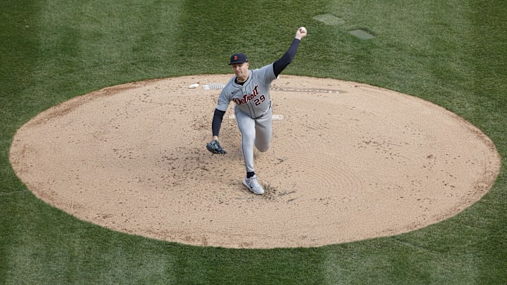 Mar 28, 2024; Chicago, Illinois, USA; Detroit Tigers starting pitcher Tarik Skubal (29) delivers a