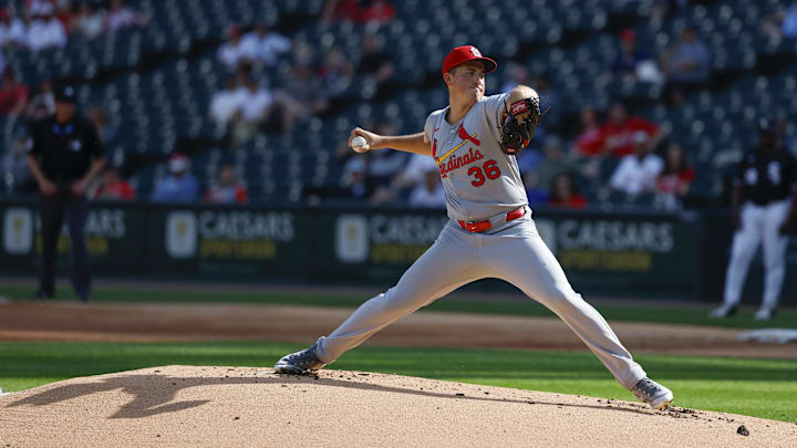 Jun 19, 2025; Chicago, Illinois, USA; St. Louis Cardinals starting pitcher Michael McGreevy (36) delivers a pitch against the Chicago White Sox during the first inning of game two of a doubleheader at Rate Field. Mandatory Credit: Kamil Krzaczynski-Imagn Images Jun 19, 2025; Chicago, Illinois, USA; St. Louis Cardinals starting pitcher Michael McGreevy (36) delivers a pitch against the Chicago White Sox during the first inning of game two of a doubleheader at Rate Field. Mandatory Credit: Kamil Krzaczynski-Imagn Images