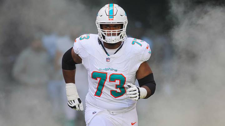 Miami Dolphins tackle Austin Jackson enters the field to take on the New York Jets at Hard Rock Stadium in 2024. Miami Dolphins tackle Austin Jackson enters the field to take on the New York Jets at Hard Rock Stadium in 2024.