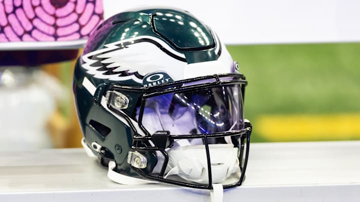 Feb 9, 2025; New Orleans, LA, USA; Detailed view of a Philadelphia Eagles helmet during Super Bowl LIX at Ceasars Superdome. Mandatory Credit: Mark J. Rebilas-Imagn Images