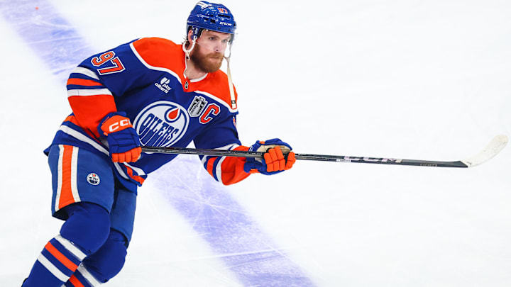 Jun 14, 2025; Edmonton, Alberta, CAN; Edmonton Oilers center Connor McDavid (97) skates during the warmup period against the Florida Panthers in game five of the 2025 Stanley Cup Final at Rogers Place. Mandatory Credit: Sergei Belski-Imagn Images