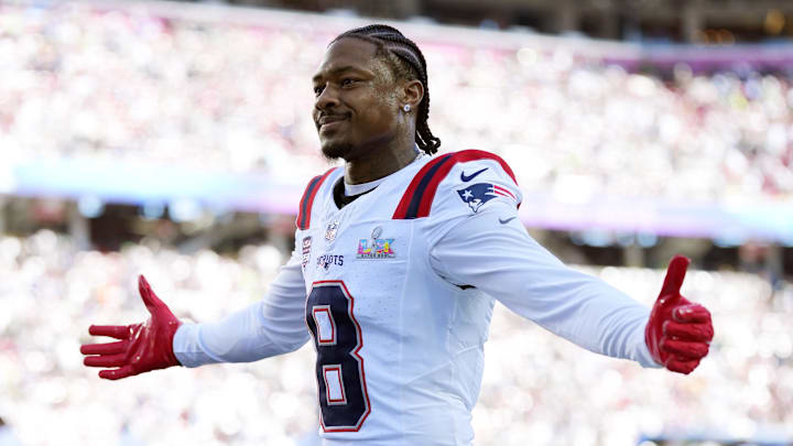 Feb 8, 2026; Santa Clara, CA, USA; New England Patriots wide receiver Stefon Diggs (8) reacts before Super Bowl LX against the Seattle Seahawks at Levi's Stadium. Mandatory Credit: Kyle Terada-Imagn Images