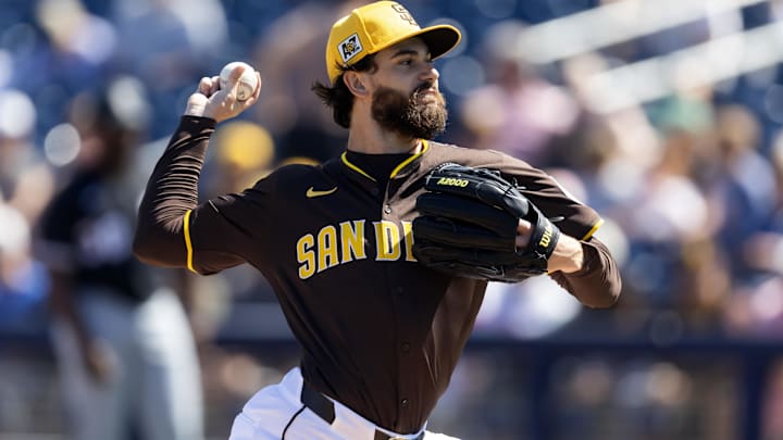 San Diego Padres pitcher Dylan Cease against the Chicago White Sox during a spring training game at Peoria Sports Complex.