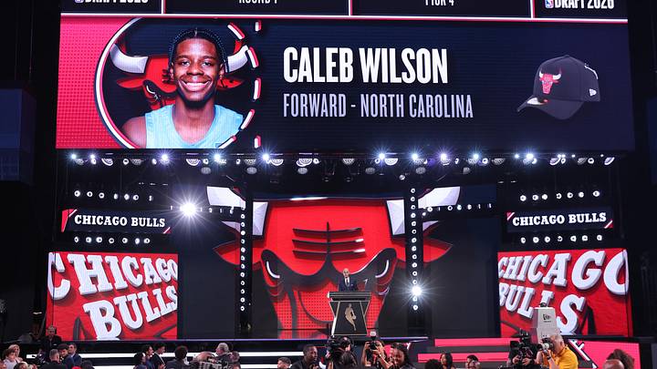 Jun 23, 2026; New York, NY, USA; NBA commissioner Adam Silver announces the fourth pick in the 2026 NBA draft, North Carolina forward Caleb Wilson after he was selected by the Chicago Bulls at Barclays Center. Mandatory Credit: Brad Penner-Imagn Images
