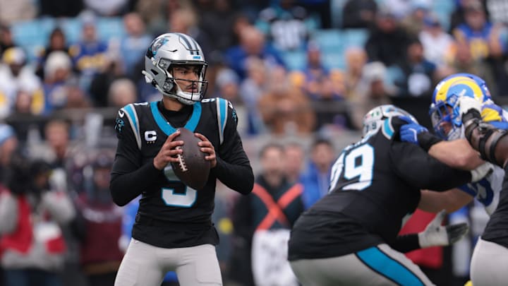 Nov 30, 2025; Charlotte, North Carolina, USA; Carolina Panthers quarterback Bryce Young (9) looks to pass during the first quarter against the Los Angeles Rams at Bank of America Stadium. Mandatory Credit: Scott Kinser-Imagn Images Nov 30, 2025; Charlotte, North Carolina, USA; Carolina Panthers quarterback Bryce Young (9) looks to pass during the first quarter against the Los Angeles Rams at Bank of America Stadium. Mandatory Credit: Scott Kinser-Imagn Images