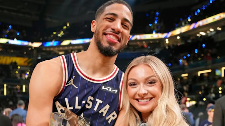 Feb 18, 2024; Indianapolis, Indiana, USA; Eastern Conference guard Tyrese Haliburton (0) of the Indiana Pacers and girlfriend Jade Jones after the 73rd NBA All Star game at Gainbridge Fieldhouse. 