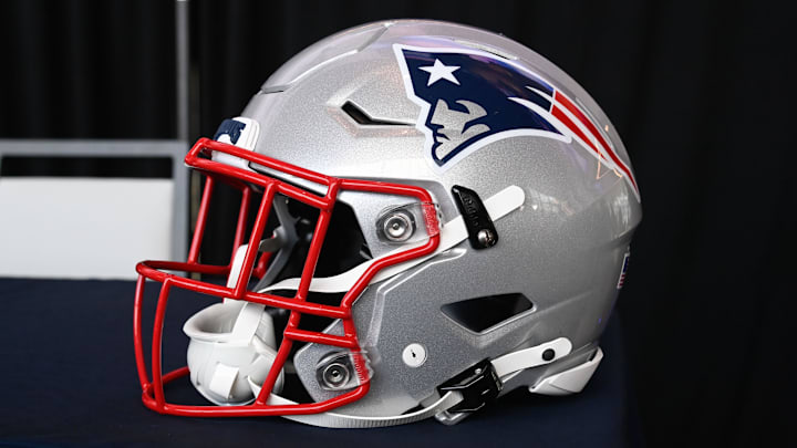 Jan 17, 2024; Foxborough, MA, USA; A New England Patriots helmet sits on a table at Gillette Stadium. Mandatory Credit: Eric Canha-Imagn Images