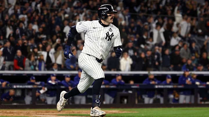 Bronx, New York, USA; New York Yankees catcher Austin Wells (28) hits a double against the Los Angeles Dodgers in the second inning during Game 4 of the 2024 MLB World Series at Yankee Stadium. Bronx, New York, USA; New York Yankees catcher Austin Wells (28) hits a double against the Los Angeles Dodgers in the second inning during Game 4 of the 2024 MLB World Series at Yankee Stadium.