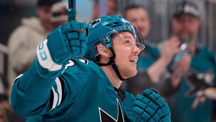 Jan 10, 2026; San Jose, California, USA; San Jose Sharks left wing Jeff Skinner (53) reacts after scoring a goal against the Dallas Stars during the second period at SAP Center at San Jose. Mandatory Credit: Robert Edwards-Imagn Images