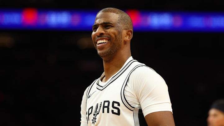 Dec 3, 2024; Phoenix, Arizona, USA; San Antonio Spurs guard Chris Paul (3) against the Phoenix Suns during an NBA Cup game at Footprint Center. Mandatory Credit: Mark J. Rebilas-Imagn Images Dec 3, 2024; Phoenix, Arizona, USA; San Antonio Spurs guard Chris Paul (3) against the Phoenix Suns during an NBA Cup game at Footprint Center. Mandatory Credit: Mark J. Rebilas-Imagn Images