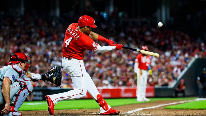 Jul 8, 2026; Cincinnati, Ohio, USA; Cincinnati Reds outfielder Noelvi Marte (4) hits a three-run double in the sixth inning against the Philadelphia Phillies at Great American Ball Park. Mandatory Credit: Katie Stratman-Imagn Images Jul 8, 2026; Cincinnati, Ohio, USA; Cincinnati Reds outfielder Noelvi Marte (4) hits a three-run double in the sixth inning against the Philadelphia Phillies at Great American Ball Park. Mandatory Credit: Katie Stratman-Imagn Images