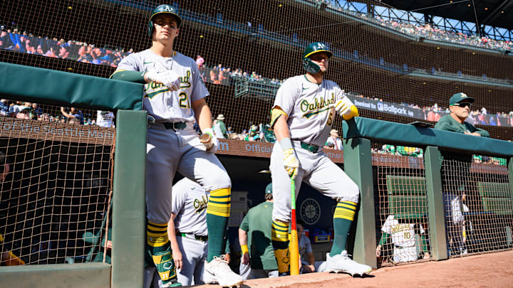 Sep 29, 2024; Seattle, Washington, USA; Oakland Athletics first baseman Tyler Soderstrom (21) and Oakland Athletics right fielder Seth Brown (15) during the first inning at T-Mobile Park. Mandatory Credit: Steven Bisig-Imagn Images Sep 29, 2024; Seattle, Washington, USA; Oakland Athletics first baseman Tyler Soderstrom (21) and Oakland Athletics right fielder Seth Brown (15) during the first inning at T-Mobile Park. Mandatory Credit: Steven Bisig-Imagn Images