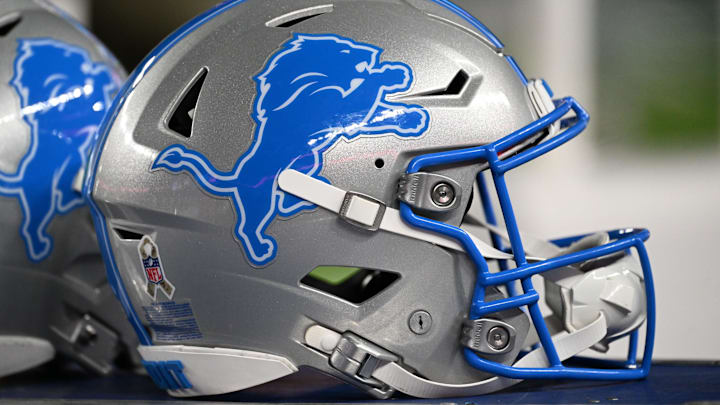  A Detroit Lions helmet on the sidelines.