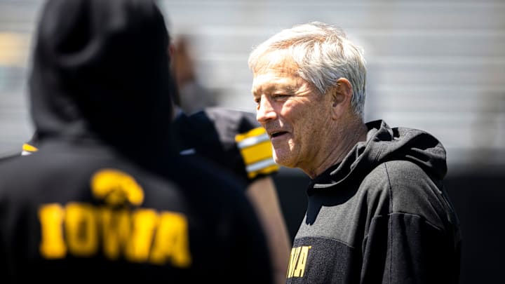 Apr 26, 2025; Iowa City, IA, USA; Iowa head coach Kirk Ferentz talks with players after a spring NCAA football open practice at Kinnick Stadium. Mandatory Credit: Joseph Cress-The Des Moines Register