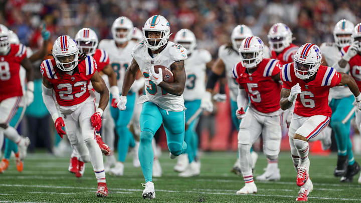 Sep 17, 2023; Foxborough, Massachusetts, USA; Miami Dolphins running back Raheem Mostert (31) runs