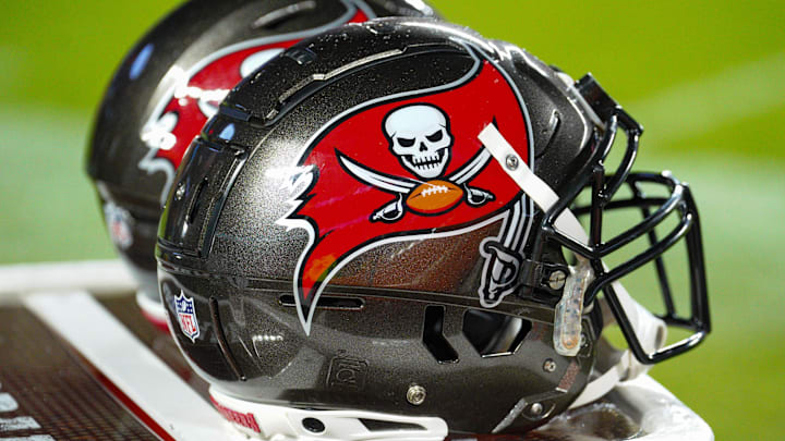 Nov 4, 2024; Kansas City, Missouri, USA; A general view of Tampa Bay Buccaneers helmets against the Kansas City Chiefs during the first half at GEHA Field at Arrowhead Stadium. Mandatory Credit: Denny Medley-Imagn Images
