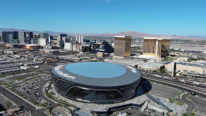 Jul 24, 2025; Las Vegas, NV, USA; A general overall aerial view of Allegiant Stadium and the Las Vegas strip. Mandatory Credit: Kirby Lee-Imagn Images Jul 24, 2025; Las Vegas, NV, USA; A general overall aerial view of Allegiant Stadium and the Las Vegas strip. Mandatory Credit: Kirby Lee-Imagn Images