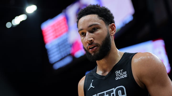 Dec 23, 2024; Miami, Florida, USA; Brooklyn Nets guard Ben Simmons (10) looks on against the Miami Heat during the second quarter at Kaseya Center. Mandatory Credit: Sam Navarro-Imagn Images
