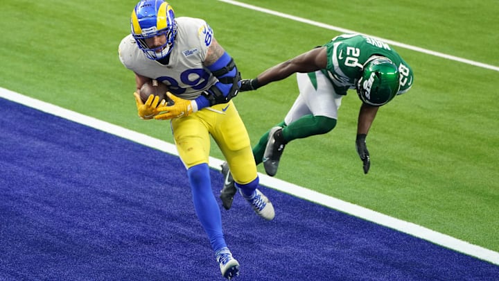 Dec 20, 2020; Inglewood, California, USA; Los Angeles Rams tight end Tyler Higbee (89). Credit: Kirby Lee-Imagn Images