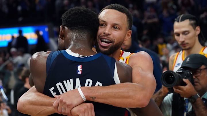 Golden State Warriors guard Stephen Curry hugs Minnesota Timberwolves guard Anthony Edwards at the end of the game at Chase Center in San Francisco on Dec. 8, 2024. Golden State Warriors guard Stephen Curry hugs Minnesota Timberwolves guard Anthony Edwards at the end of the game at Chase Center in San Francisco on Dec. 8, 2024.