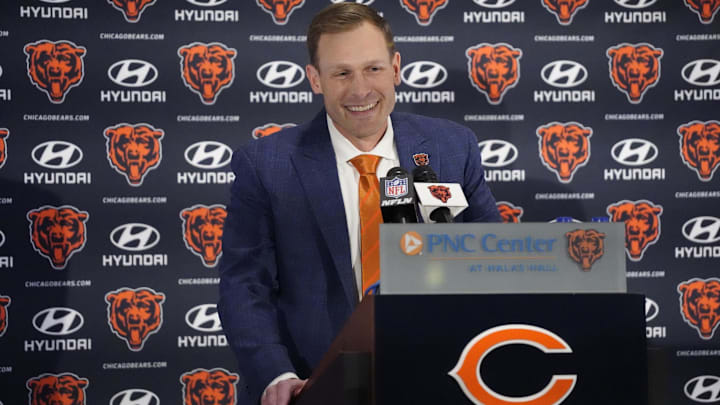 Chicago Bears head coach Ben Johnson answers questions during an introductory press conference at PNC Center.