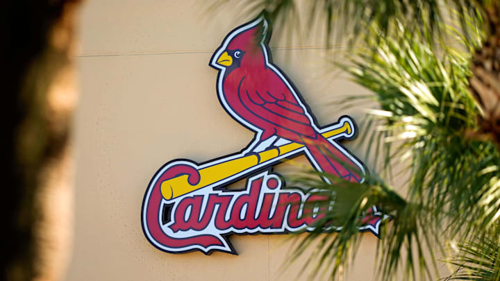 Feb 26, 2021; Jupiter, Florida, USA; A general view of the St. Louis Cardinals logo on the stadium at Roger Dean Stadium during spring training workouts. Mandatory Credit: Jasen Vinlove-Imagn Images