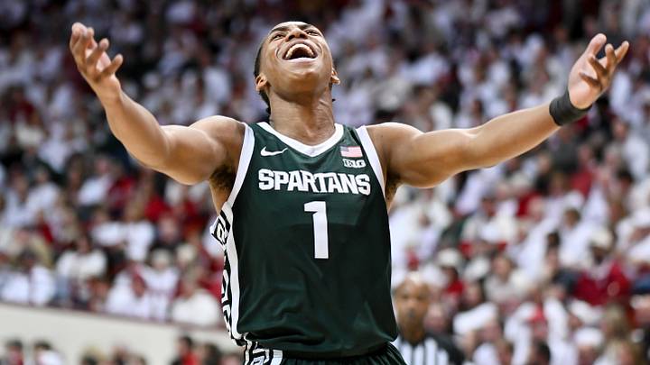 Mar 1, 2026; Bloomington, Indiana, USA; Michigan State Spartans guard Jeremy Fears Jr. (1) celebrates against the Indiana Hoosiers during the first half at Simon Skjodt Assembly Hall. Mandatory Credit: Robert Goddin-Imagn Images Mar 1, 2026; Bloomington, Indiana, USA; Michigan State Spartans guard Jeremy Fears Jr. (1) celebrates against the Indiana Hoosiers during the first half at Simon Skjodt Assembly Hall. Mandatory Credit: Robert Goddin-Imagn Images