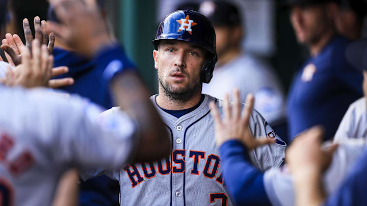 Sep 4, 2024; Cincinnati, Ohio, USA; Houston Astros third baseman Alex Bregman (2) high fives teammates after scoring on a RBI single hit by outfielder Ben Gamel (not pictured) in the second inning against the Cincinnati Reds at Great American Ball Park. Mandatory Credit: Katie Stratman-Imagn Images Sep 4, 2024; Cincinnati, Ohio, USA; Houston Astros third baseman Alex Bregman (2) high fives teammates after scoring on a RBI single hit by outfielder Ben Gamel (not pictured) in the second inning against the Cincinnati Reds at Great American Ball Park. Mandatory Credit: Katie Stratman-Imagn Images
