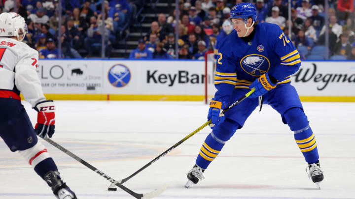 Apr 11, 2024; Buffalo, New York, USA;  Buffalo Sabres center Tage Thompson (72) looks to make a pass during the second period against the Washington Capitals at KeyBank Center. Mandatory Credit: Timothy T. Ludwig-USA TODAY Sports