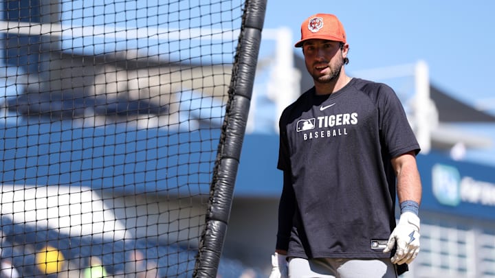 Feb 23, 2025; Tampa, Florida, USA; Detroit Tigers outfielder Matt Vierling (8) takes batting practice before a game against the New York Yankees during spring training at George M. Steinbrenner Field. Mandatory Credit: Nathan Ray Seebeck-Imagn Images