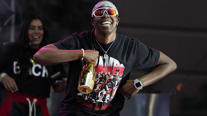 Oct 23, 2023; Las Vegas, NV, USA; Las Vegas guard Chelsea Gray (12) celebrates during the Las Vegas Aces championship parade at Toshiba Plaza. Mandatory Credit: Lucas Peltier-USA TODAY Sports
