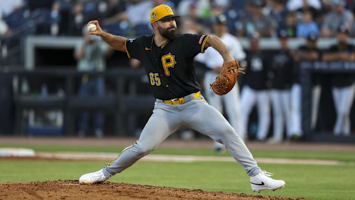 Mar 9, 2026; Tampa, Florida, USA; Pittsburgh Pirates starting pitcher Jose Urquidy (65) throws a pitch against the New York Yankees in the third inning during spring training at George M. Steinbrenner Field. Mandatory Credit: Nathan Ray Seebeck-Imagn Images