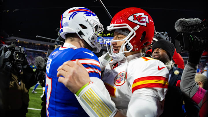 Jan 21, 2024; Orchard Park, New York, USA; Kansas City Chiefs quarterback Patrick Mahomes (15) greets Buffalo Bills quarterback Josh Allen (17) following the 2024 AFC divisional round game at Highmark Stadium. Mandatory Credit: Mark J. Rebilas-Imagn Images