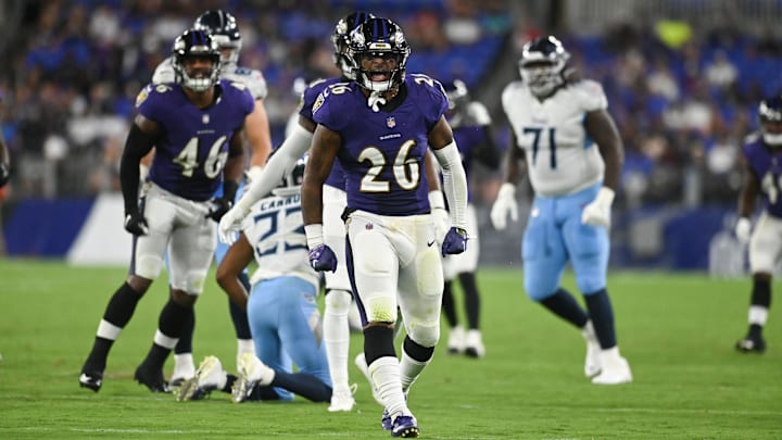 Aug 11, 2022; Baltimore, Maryland, USA; Baltimore Ravens safety Geno Stone (26) reacts after the play during the second half against the Tennessee Titans Aug 11, 2022; Baltimore, Maryland, USA; Baltimore Ravens safety Geno Stone (26) reacts after the play during the second half against the Tennessee Titans