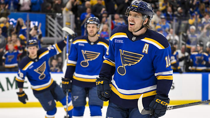 Mar 25, 2025; St. Louis, Missouri, USA;  St. Louis Blues center Robert Thomas (18) reacts after scoring against the Montreal Canadiens during the second period at Enterprise Center. Mandatory Credit: Jeff Curry-Imagn Images
