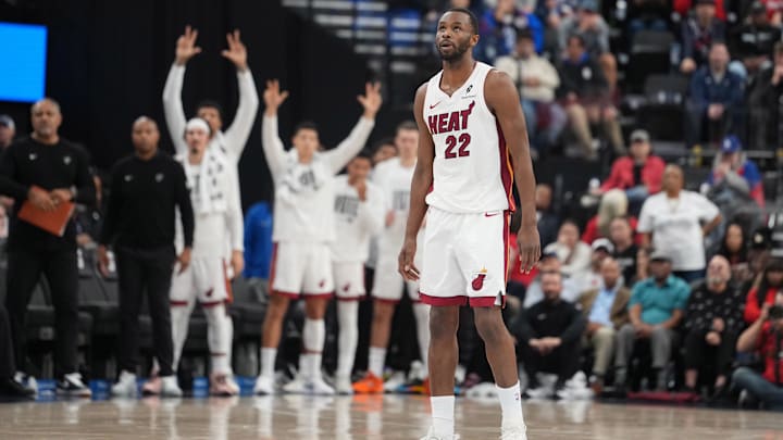 Nov 3, 2025; Inglewood, California, USA; Miami Heat forward Andrew Wiggins (22) reacts after a three-point basket against the LA Clippers in the second half at Intuit Dome. Mandatory Credit: Kirby Lee-Imagn Images