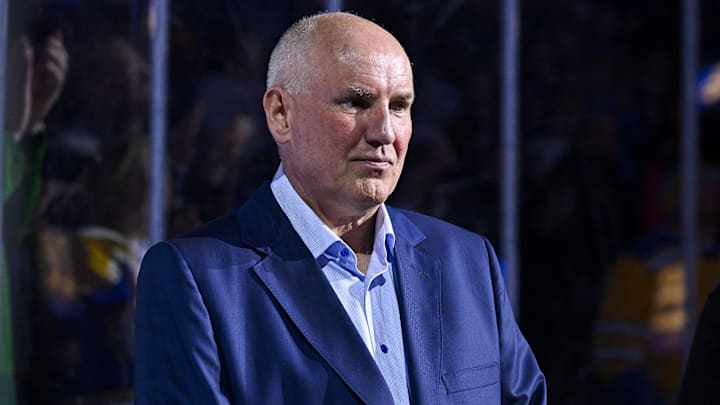 Mar 25, 2024; St. Louis, Missouri, USA;  St. Louis Blues general manager Doug Armstrong looks on before a game against the Vegas Golden Knights at Enterprise Center. Mandatory Credit: Jeff Curry-Imagn Images