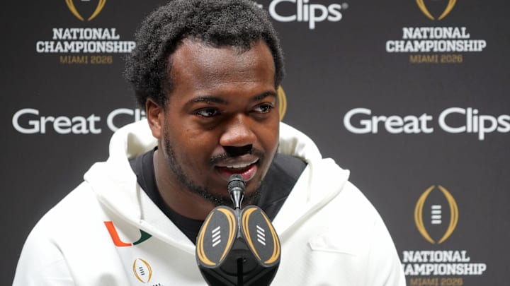 Jan 17, 2026; Miami Gardens, FL, USA; Miami Hurricanes defensive lineman Rueben Bain Jr. (4) talks to the media during media day for the 2025 College Football Playoff National Championship at Miami Beach Convention Center. Mandatory Credit: Kirby Lee-Imagn Images
