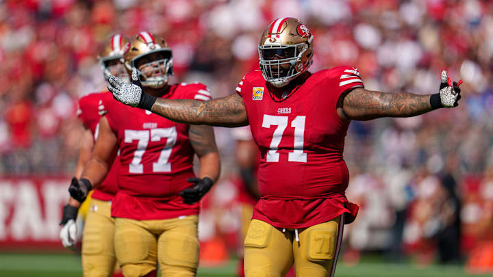 Sep 29, 2024; Santa Clara, California, USA; San Francisco 49ers offensive tackle Trent Williams (71) reacts after a foul negates a touchdown against the New England Patriots during the second quarter at Levi's Stadium. Mandatory Credit: Neville E. Guard-Imagn Images