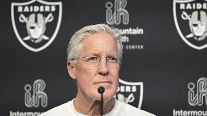 Apr 25, 2025; Henderson, NV, USA;  Las Vegas Raiders head coach Pete Carroll at a news conference introducing Ashton Jeanty as the first round draft pick in the 2025 NFL Draft at Intermountain Health Performance Center. Mandatory Credit: Candice Ward-Imagn Images