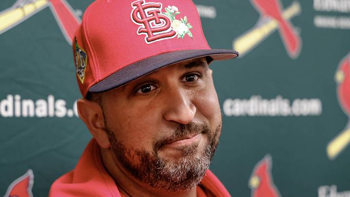 Feb 16, 2026; Jupiter, FL, USA;  St. Louis Cardinals manager Oliver Marmol (37) takes questions from the media before spring training workouts at Roger Dean Stadium. Mandatory Credit: Reinhold Matay-Imagn Images