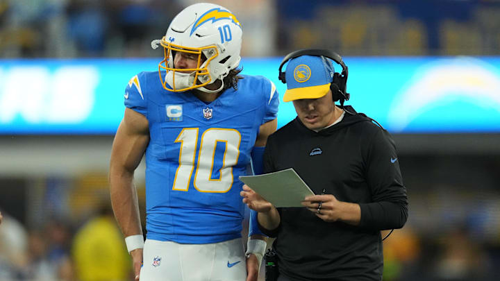 Los Angeles Chargers offensive coordinator Kellen Moore and quarterback Justin Herbert.
