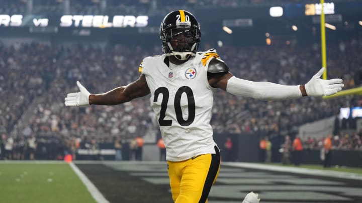 Sep 24, 2023; Paradise, Nevada, USA; Pittsburgh Steelers cornerback Patrick Peterson (20) celebrates