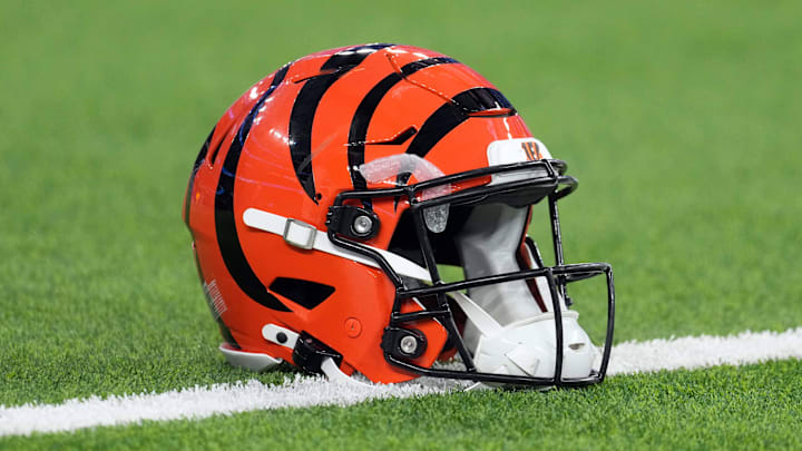 Nov 17, 2024; Inglewood, California, USA; A Cincinnati Bengals Riddell Speedflex helmet on the field at SoFi Stadium. Mandatory Credit: Kirby Lee-Imagn Images