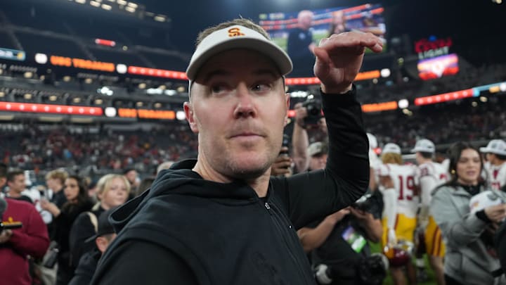 Dec 27, 2024; Las Vegas, NV, USA; Southern California Trojans head coach Lincoln Riley reacts after the game against the Texas A&M Aggies at Allegiant Stadium. Mandatory Credit: Kirby Lee-Imagn Images