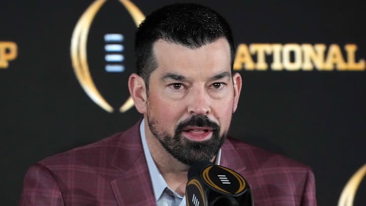 Jan 21, 2025; Atlanta, GA, USA; Ohio State Buckeyes head coach Ryan Day during CFP National Championship Champions press conference at The Westin Peachtree Plaza, Savannah Ballroom. Mandatory Credit: Kirby Lee-Imagn Images