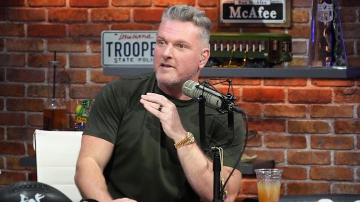 Feb 7, 2025; New Orleans, LA, USA; Pat McAfee on the Pat McAfee Show set on Radio Row at the Super Bowl LIX media center. Mandatory Credit: Kirby Lee-Imagn Images